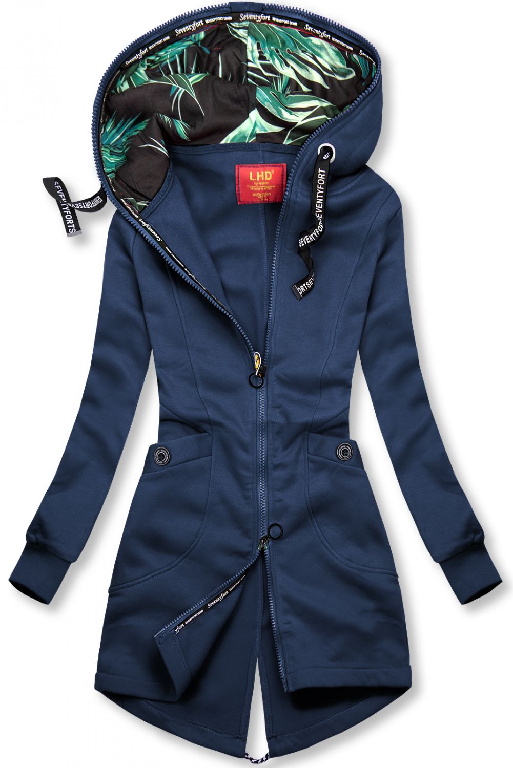 Navy sweatshirt with patterned hood lining