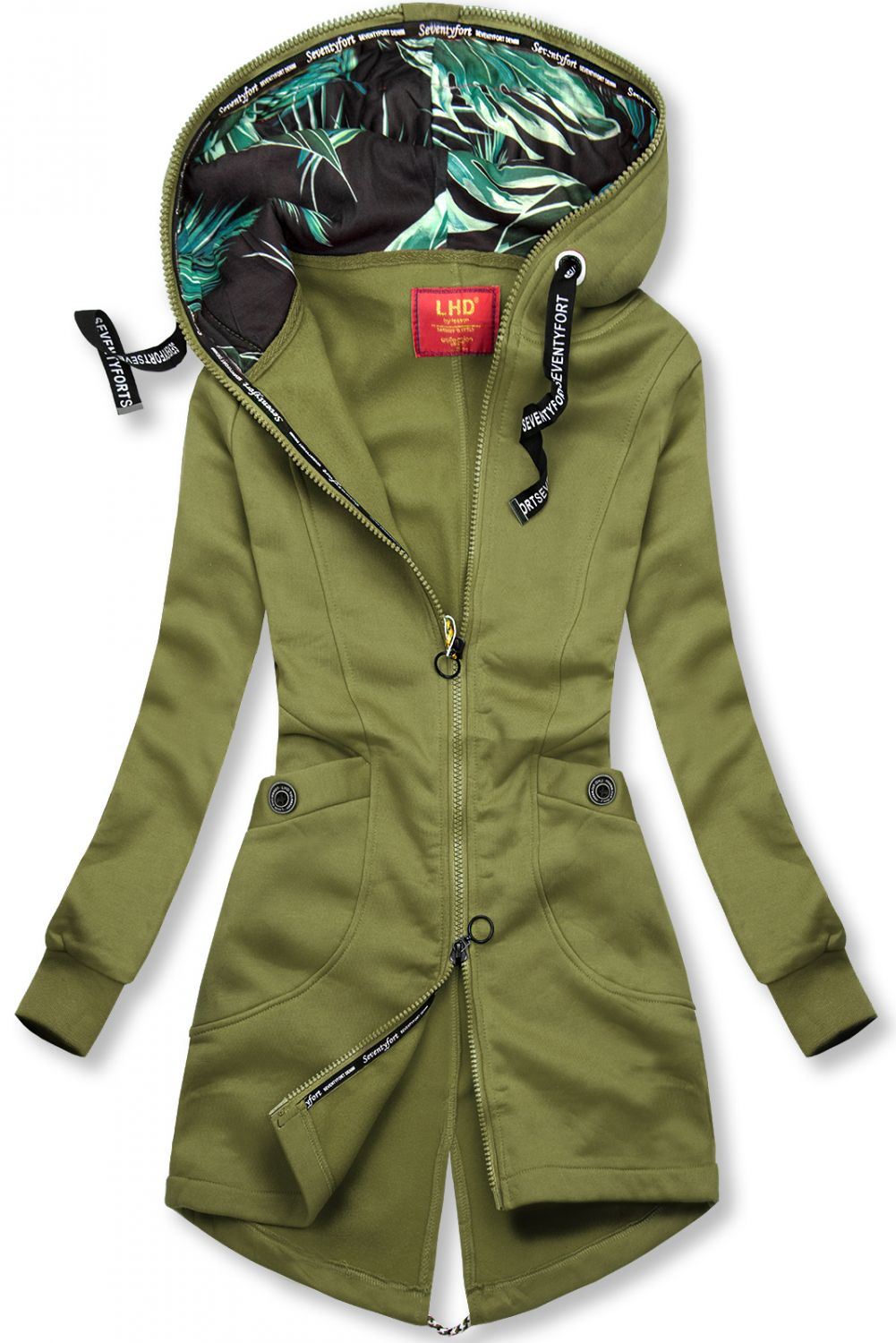 Khaki sweatshirt with patterned hood lining