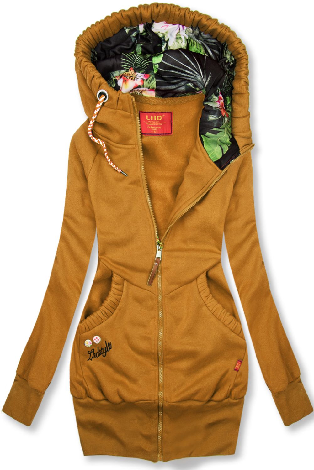 Dark yellow sweatshirt jacket with a floral hood lining by LHD