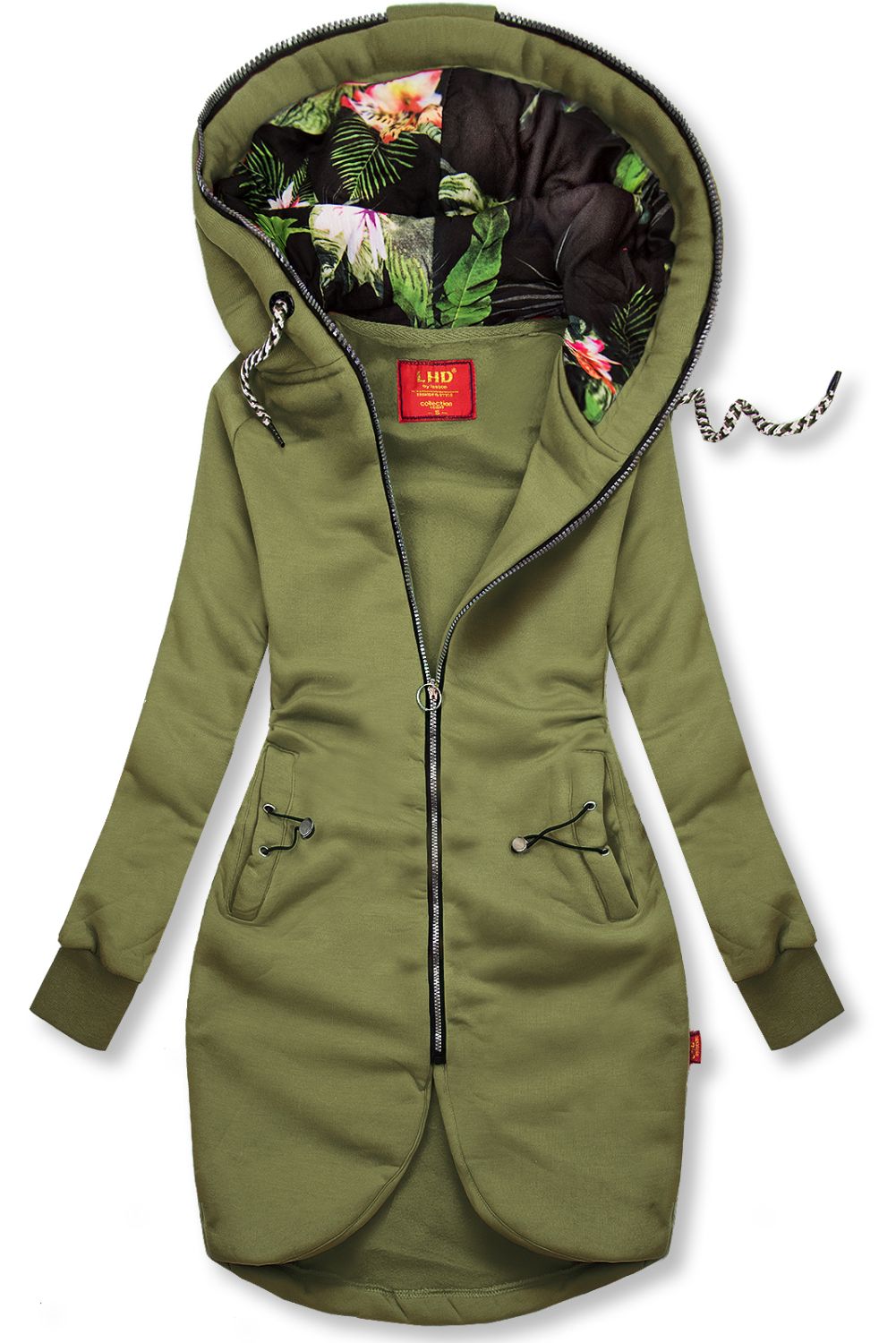 Black asymmetric elongated hoodie with flowers