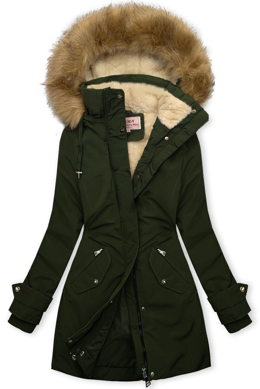 Long parka with faux fur dark green/beige