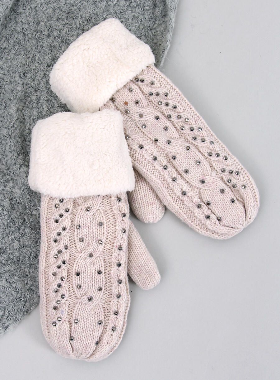 Decorated women's light beige gloves-mittens
