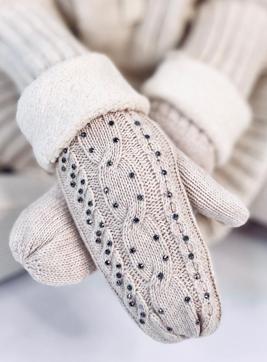 Decorated women's light beige gloves-mittens