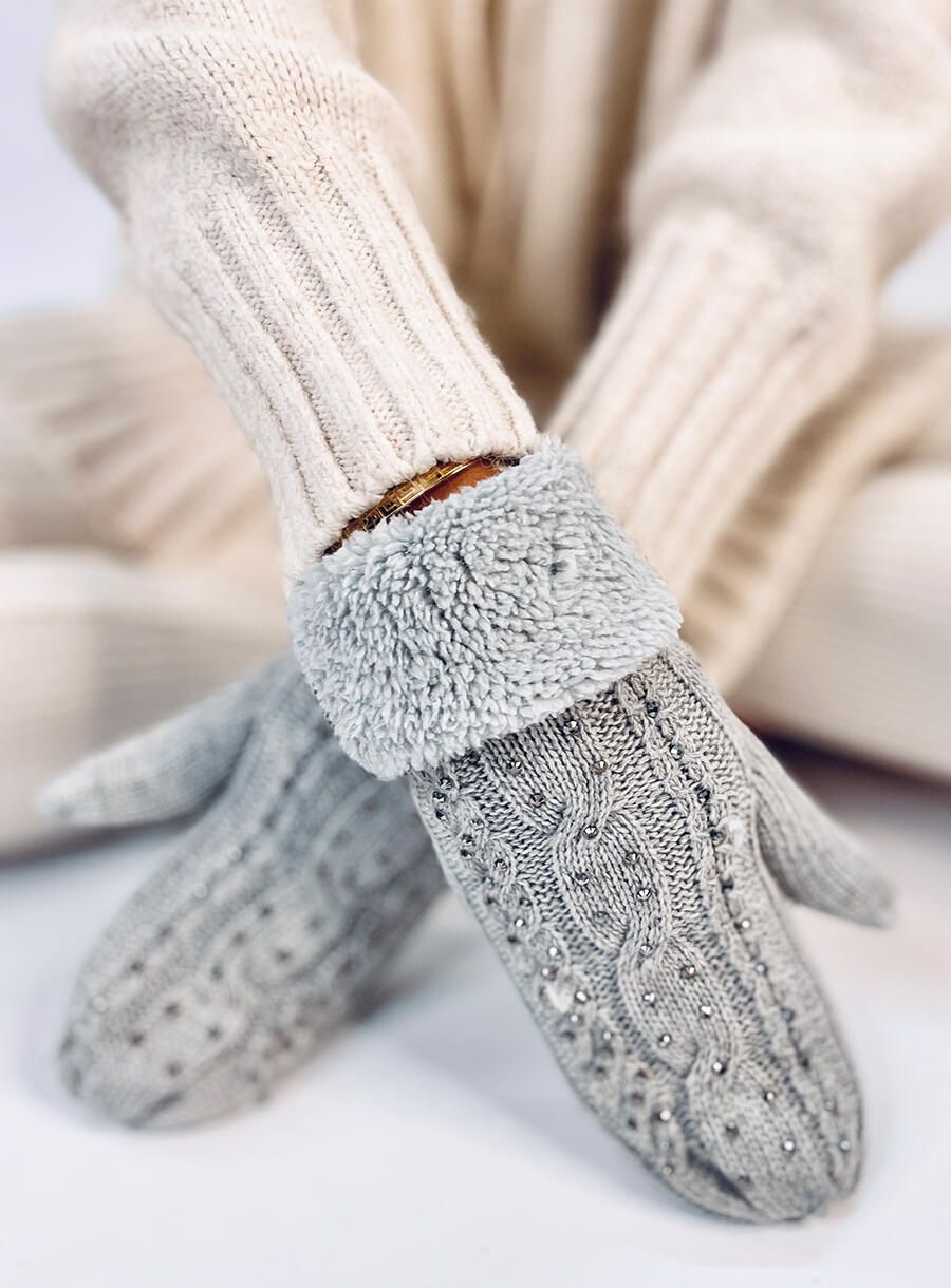 Decorated women's light grey gloves-mittens