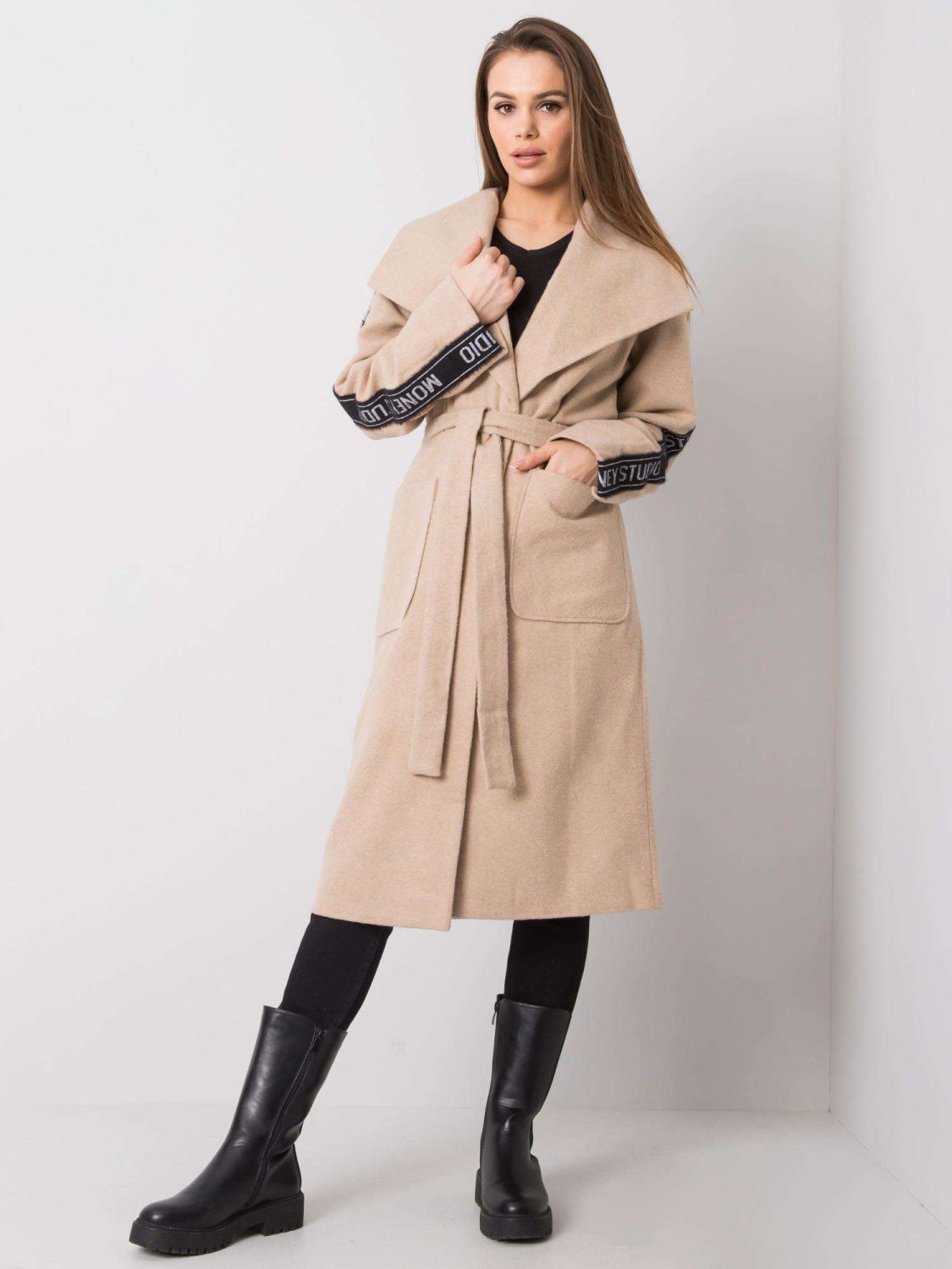 Beige Women's Coat with Belt