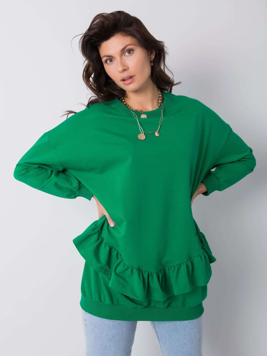 Green Cotton Sweatshirt with Ruffles