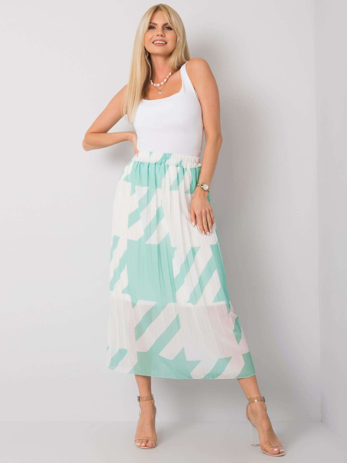 Green Pleated Skirt with Pattern