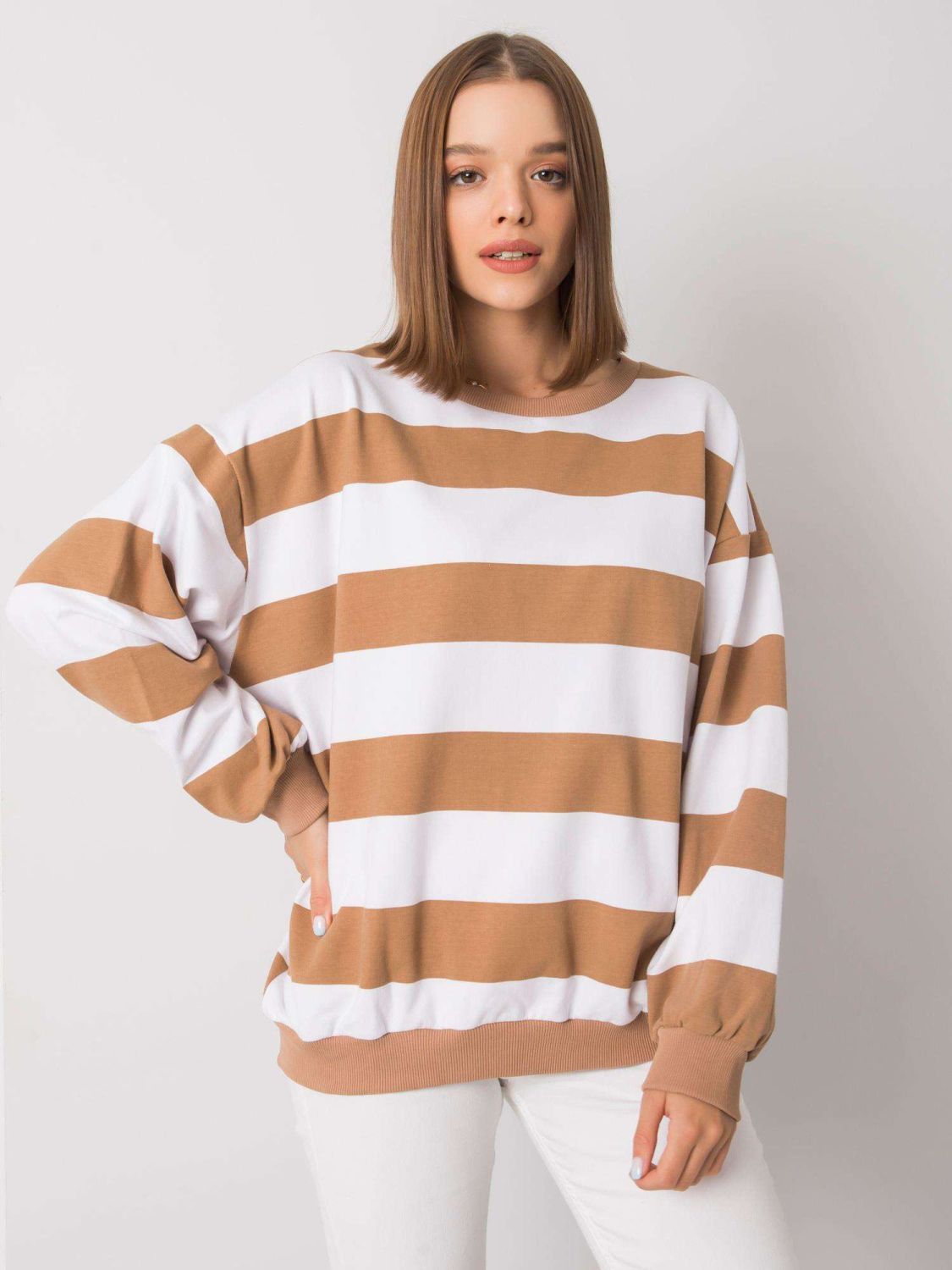 White-Camel Striped Sweatshirt Without Hood