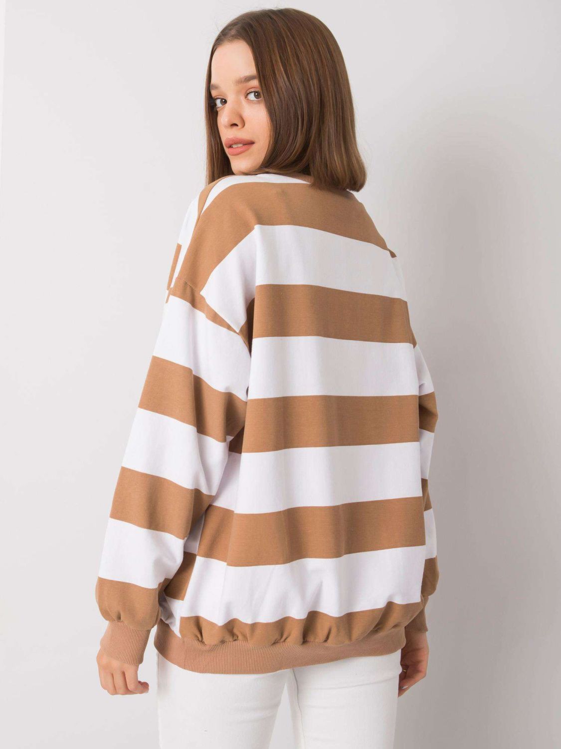 White-Camel Striped Sweatshirt Without Hood