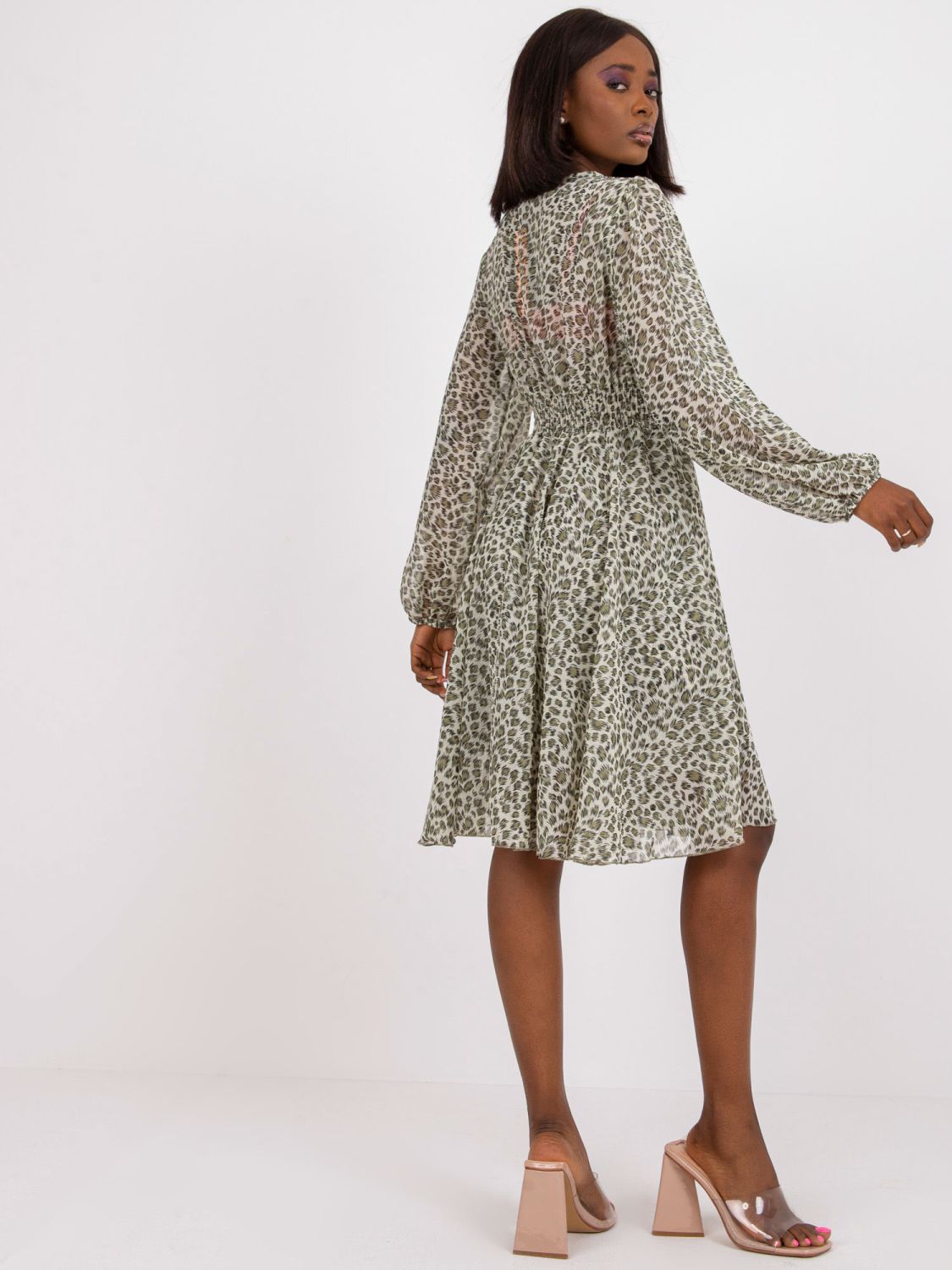 Flared Khaki Dress with Animal Print