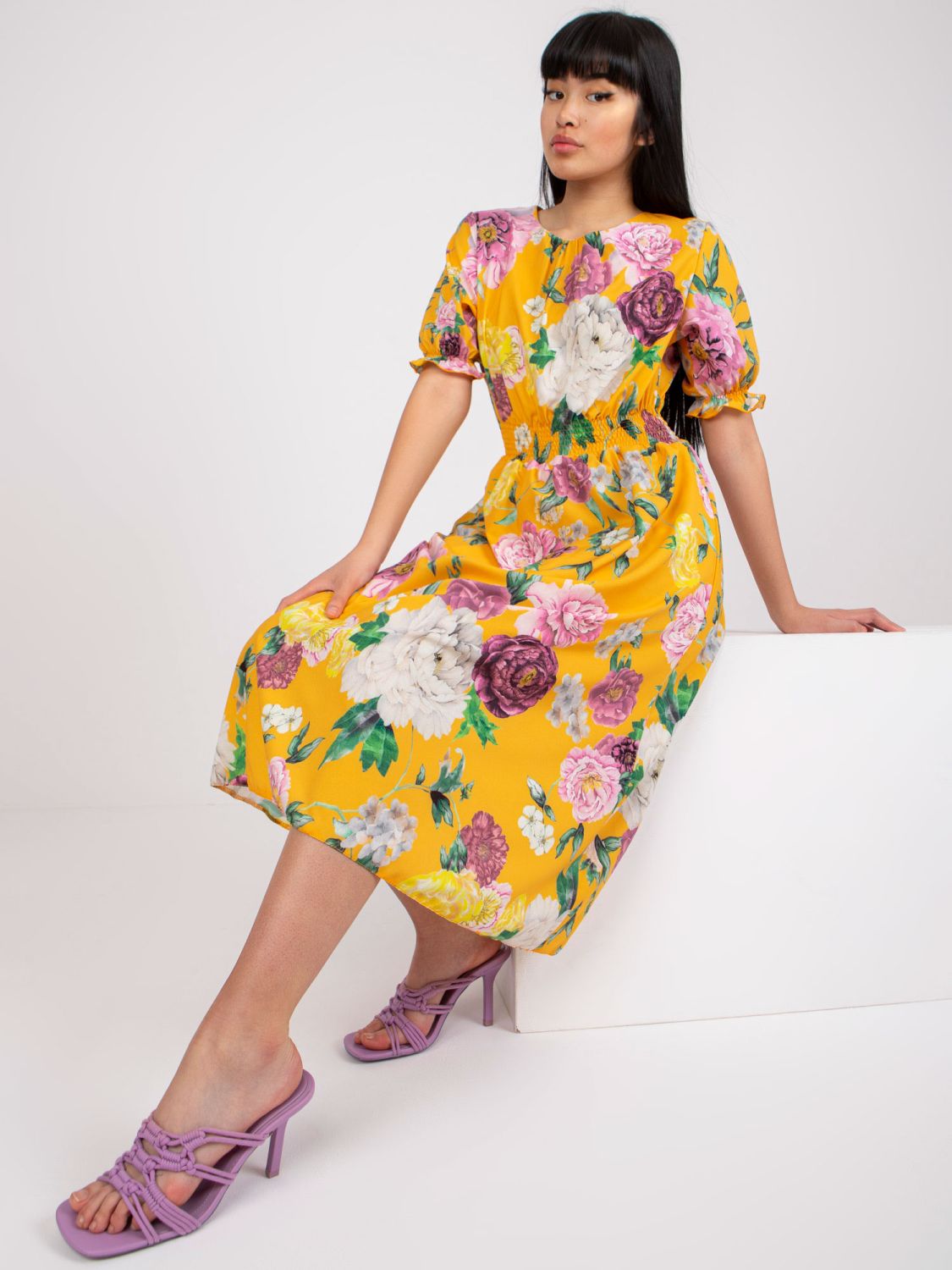 Dark Yellow Floral Midi Dress
