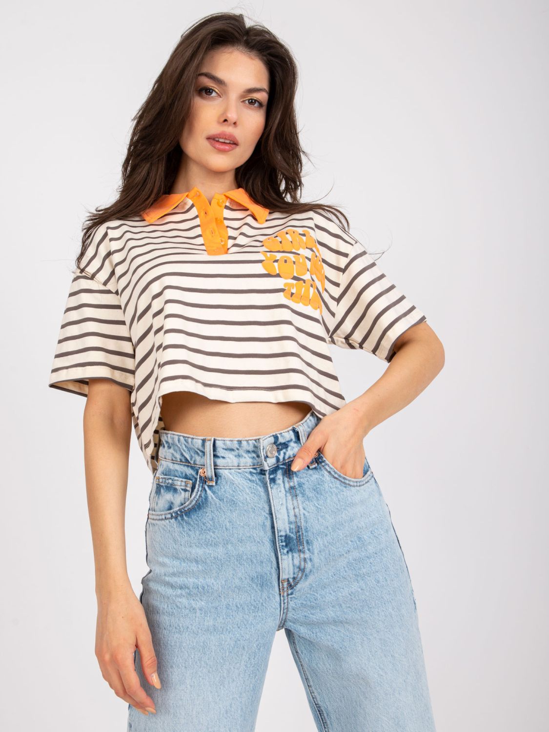 Beige Polo Blouse with Short Sleeves