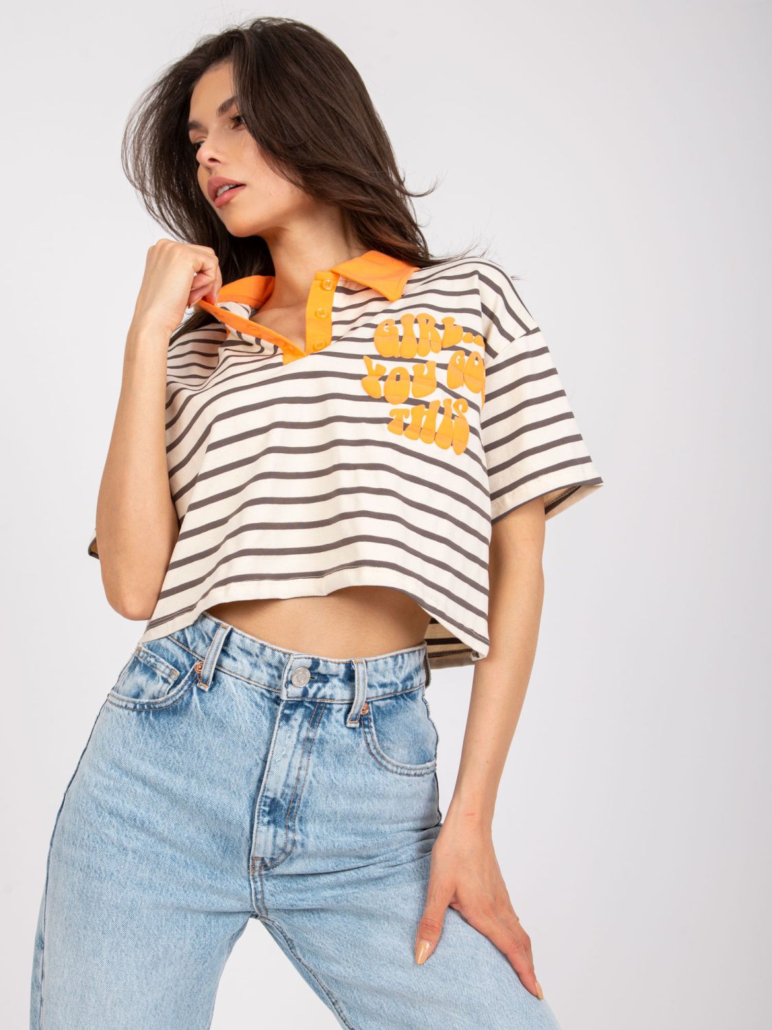 Beige Polo Blouse with Short Sleeves