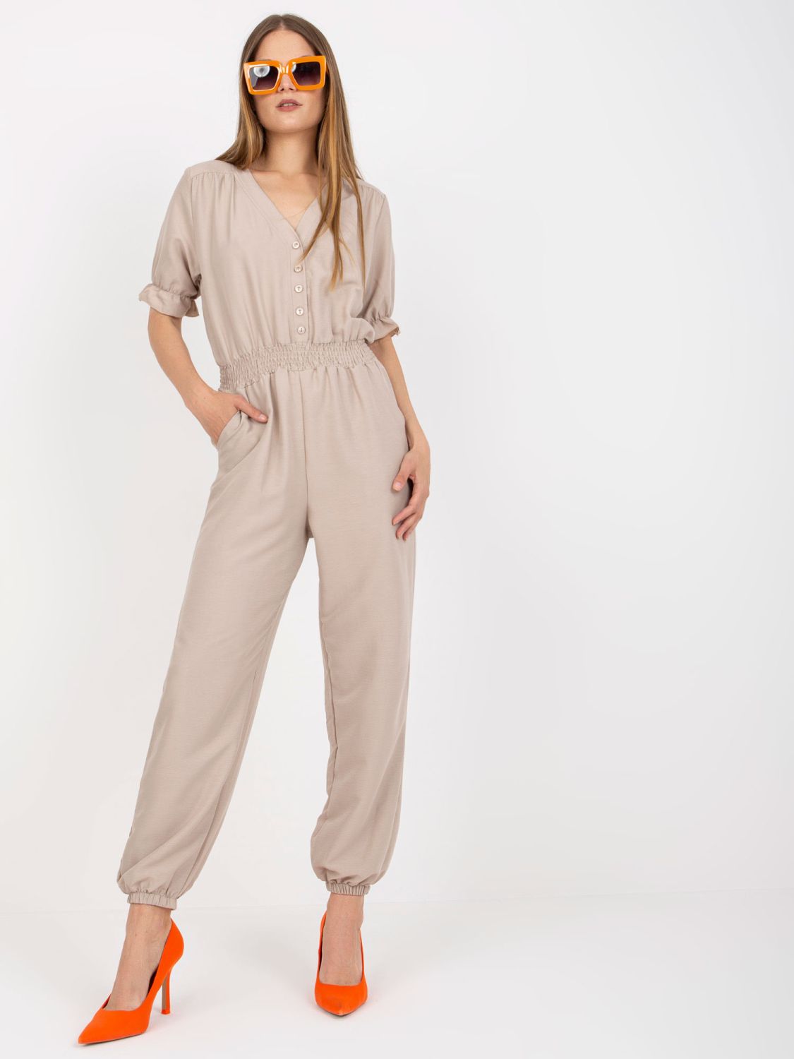 Elegant Beige Jumpsuit with Short Sleeves