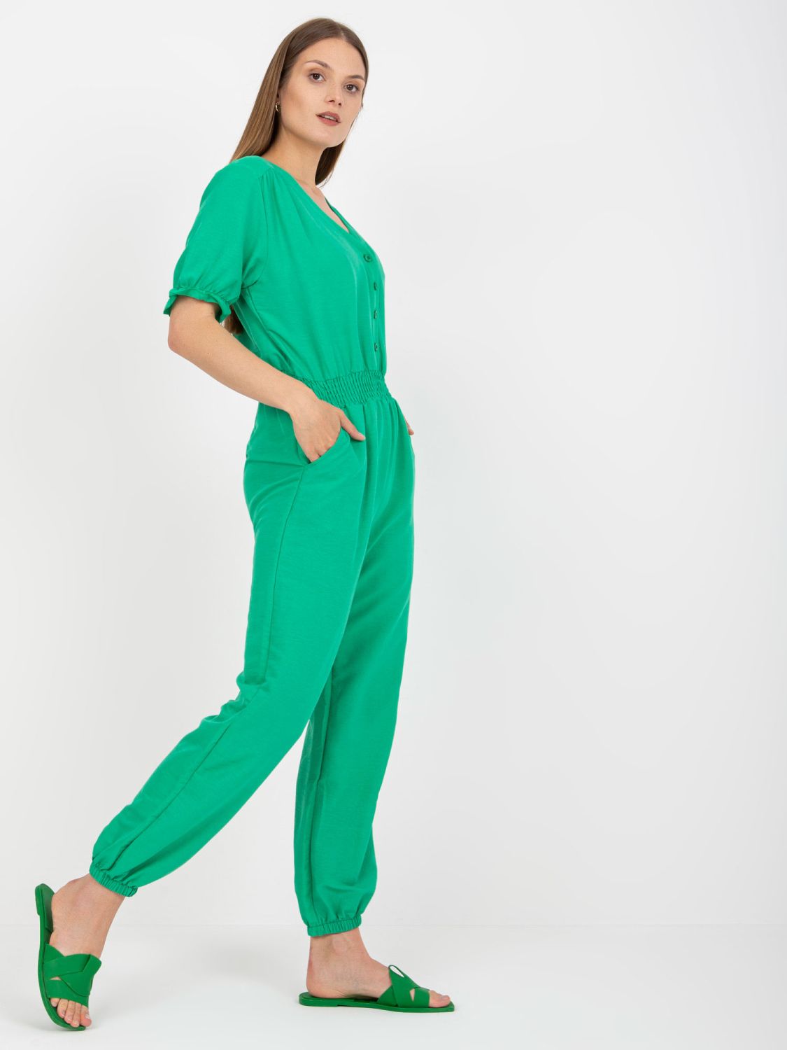 Green Short-Sleeve Jumpsuit