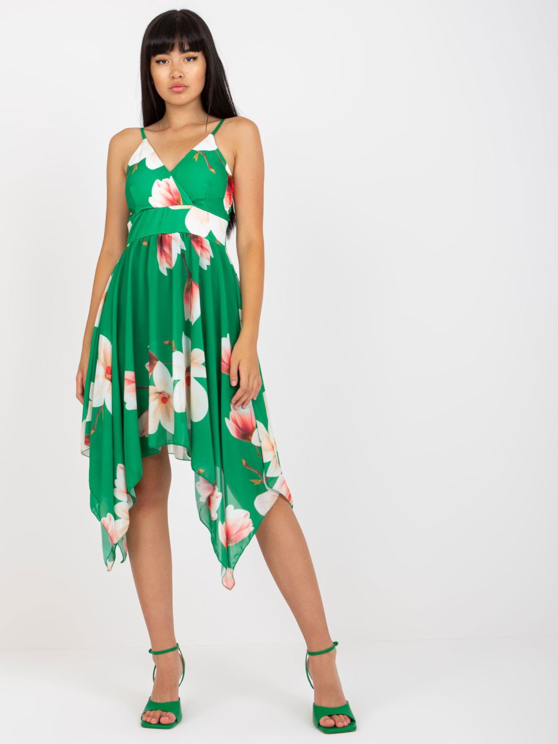 Green Floral Asymmetrical Spaghetti Strap Dress