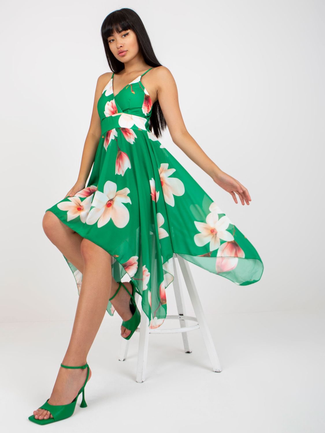 Green Floral Asymmetrical Spaghetti Strap Dress