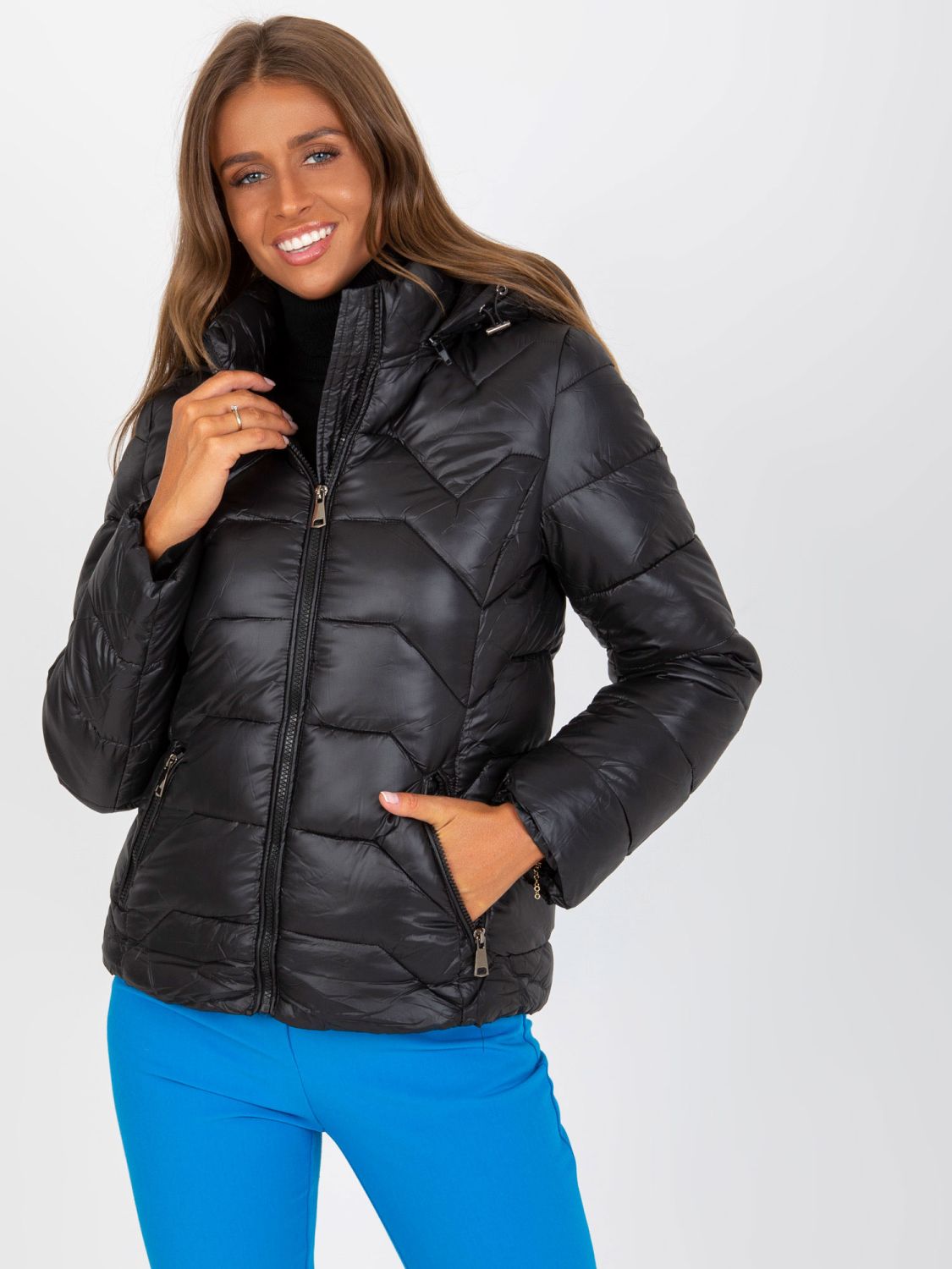 Black Quilted Transitional Jacket with Hood