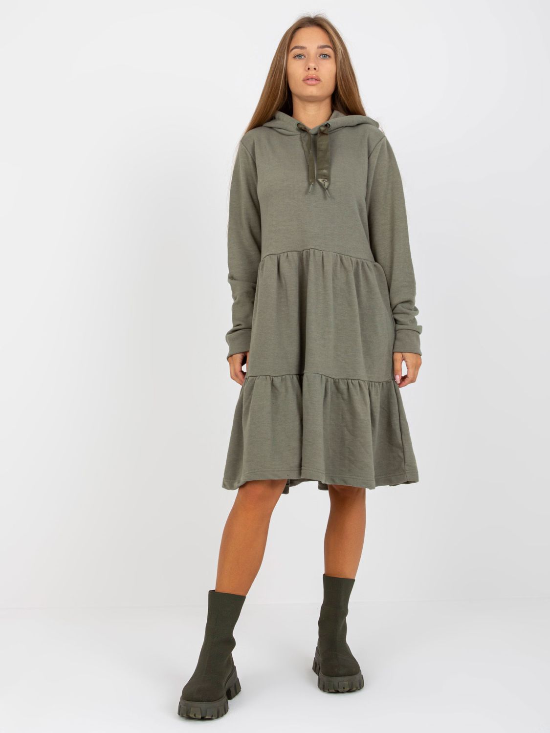 Khaki Flared Sweat Dress with Ruffle FRESH MADE