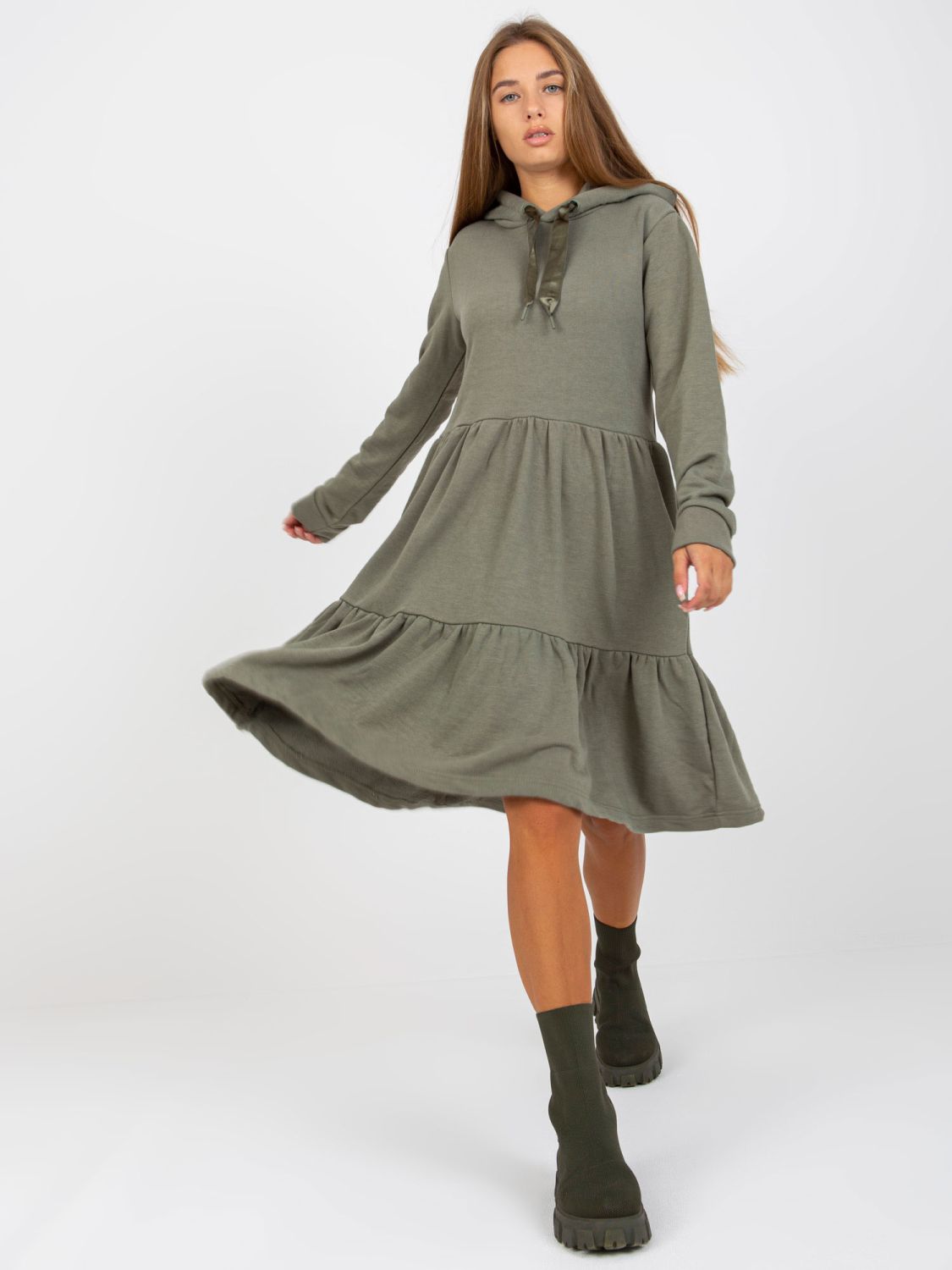 Khaki Flared Sweat Dress with Ruffle FRESH MADE