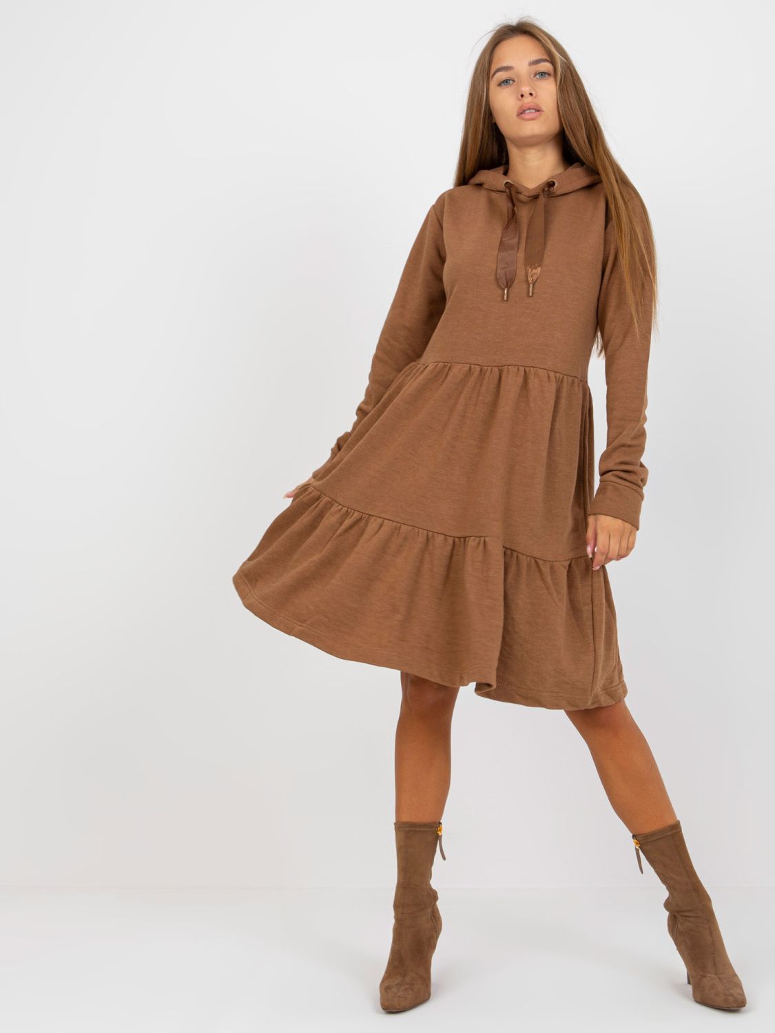 Brown Flared Hooded Dress FRESH MADE