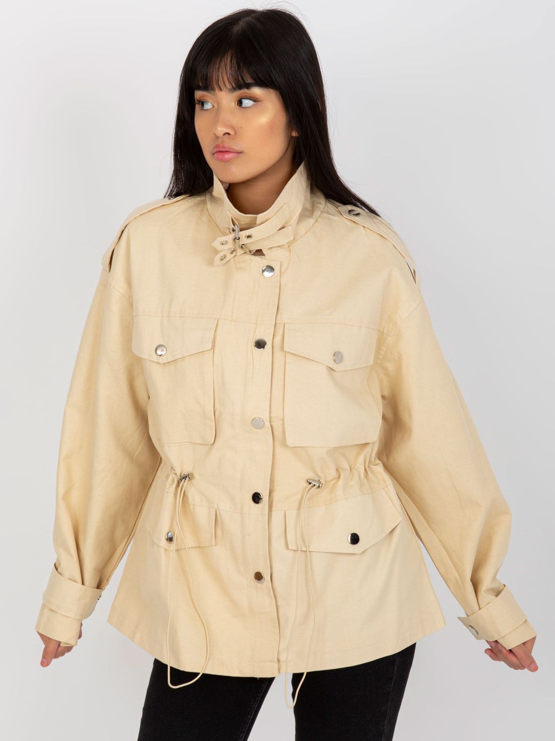 Light Beige Cotton Transitional Jacket with Ribbed Cuffs