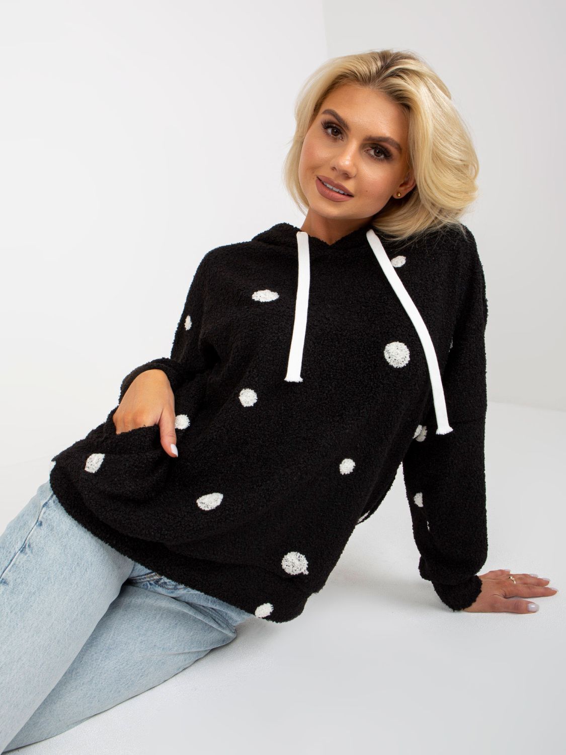 Black Fuzzy Hoodie with Polka Dots