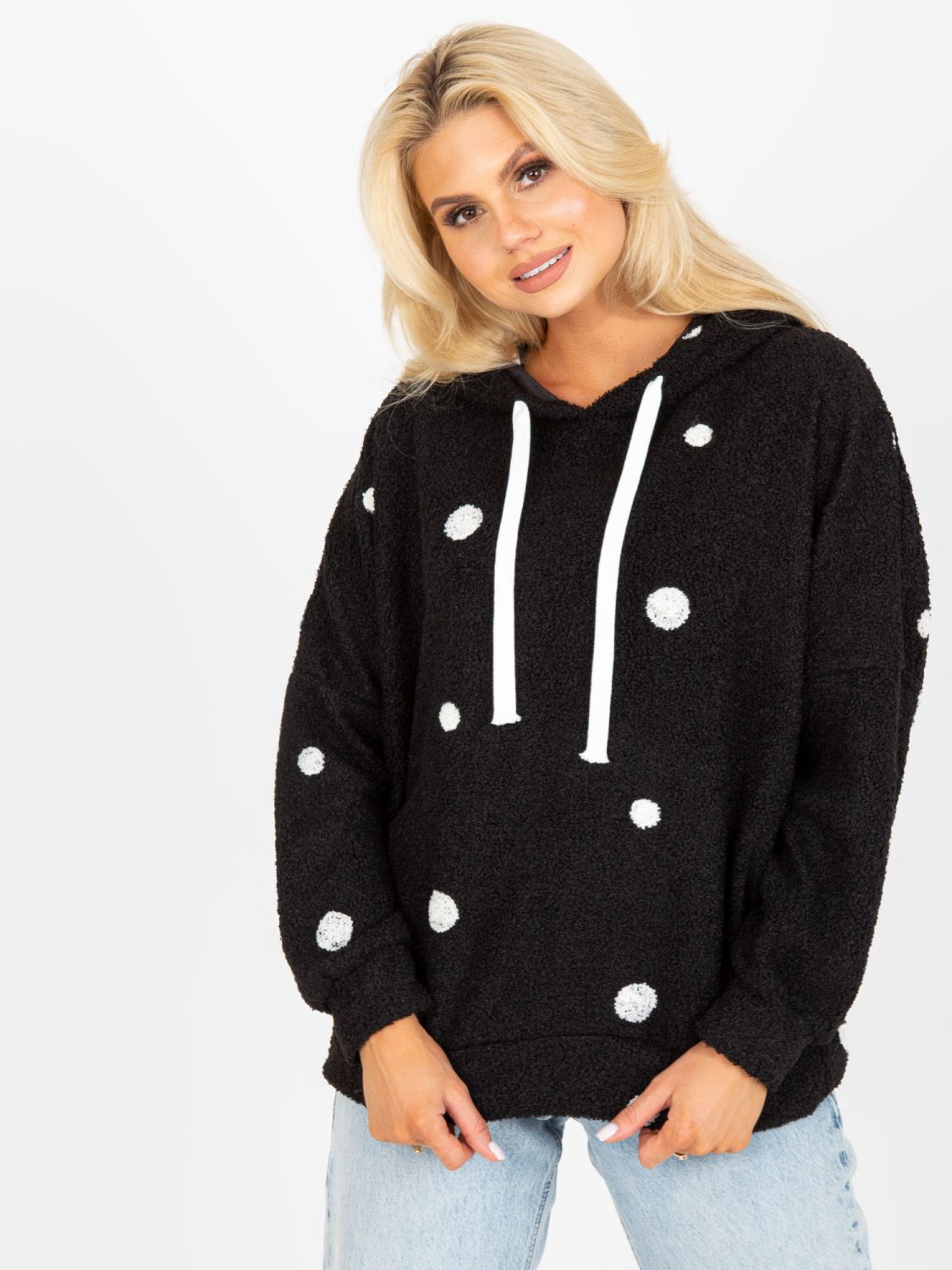Black Fuzzy Hoodie with Polka Dots
