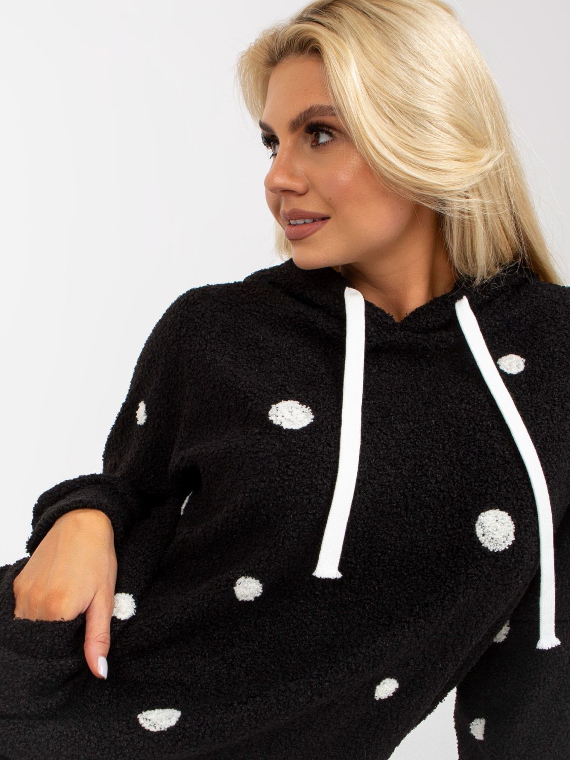 Black Fuzzy Hoodie with Polka Dots