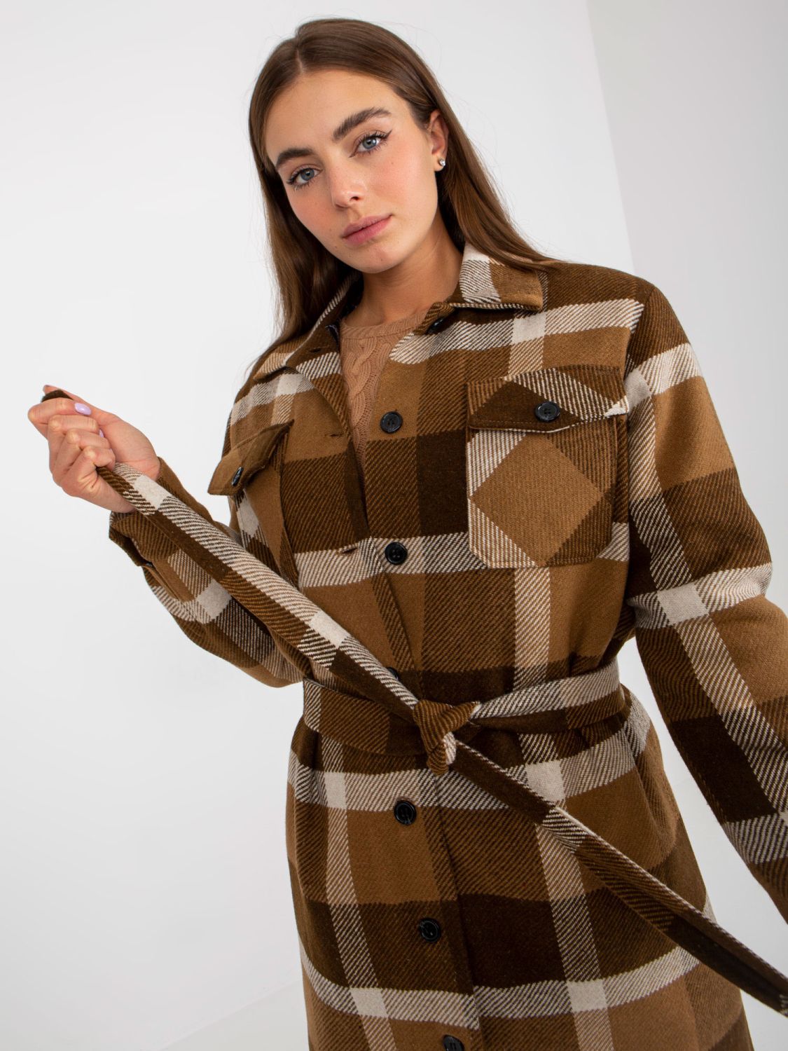 Brown Women's Coat with Checkered Pattern and Button Closure