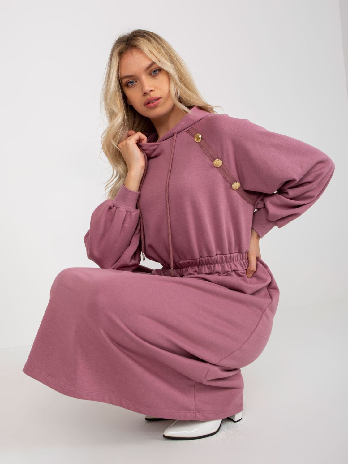 Pink Flared Sweat Dress with Buttons