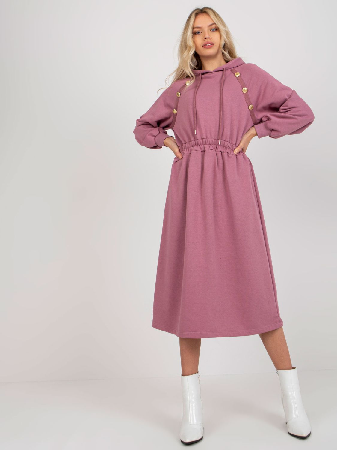 Pink Flared Sweat Dress with Buttons
