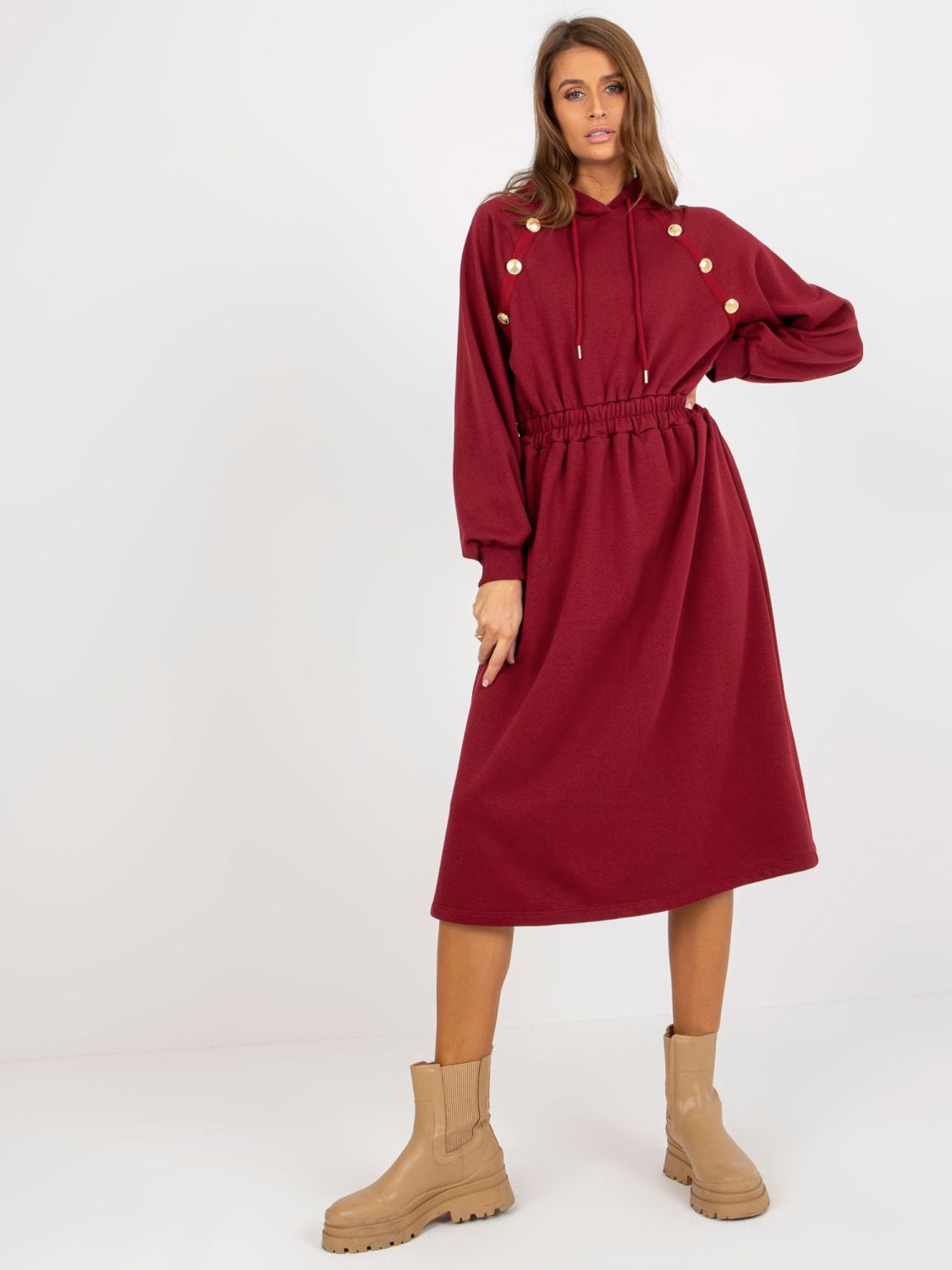 Burgundy Flared Sweat Dress with Waist Elastic