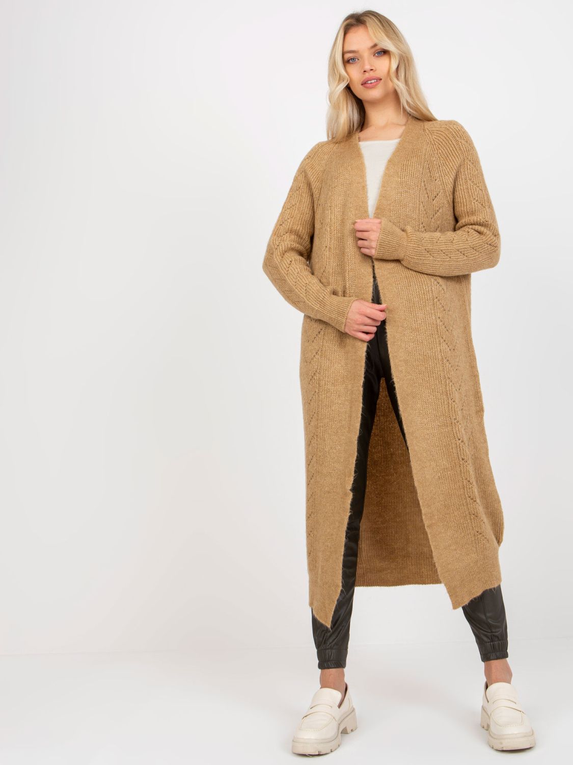 Camel Maxi Cardigan with Openwork Pattern