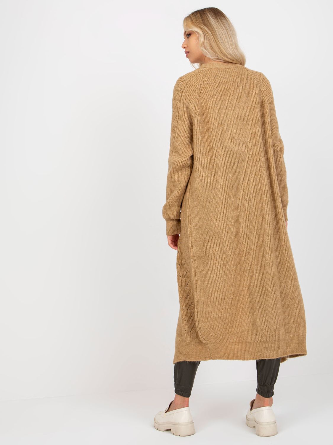 Camel Maxi Cardigan with Openwork Pattern