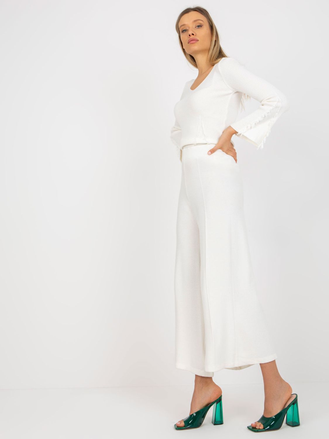 Ecru Wide Knit Pants with High Waist