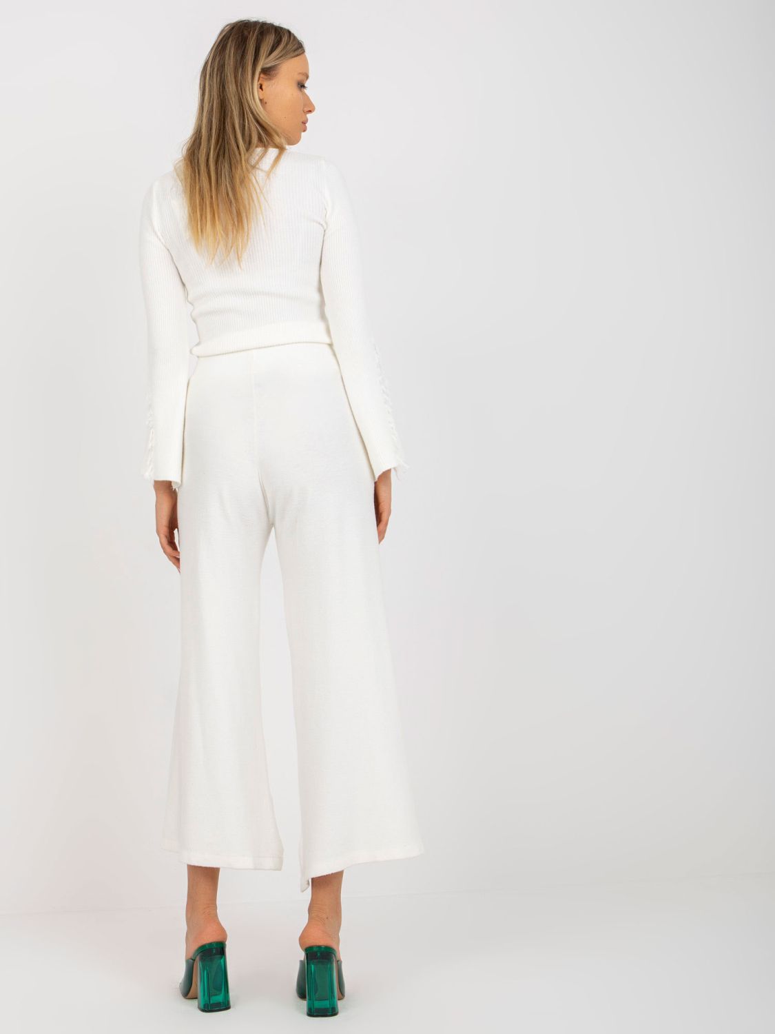 Ecru Wide Knit Pants with High Waist
