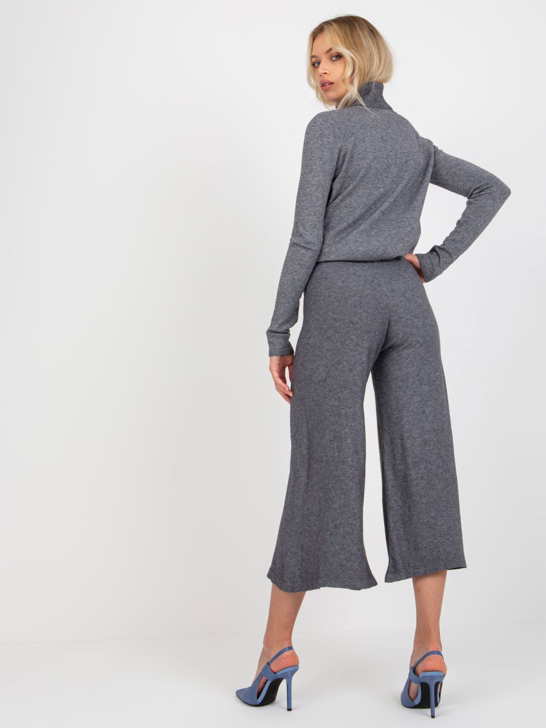 Dark Gray Wide Knit Pants with Elastic Waist