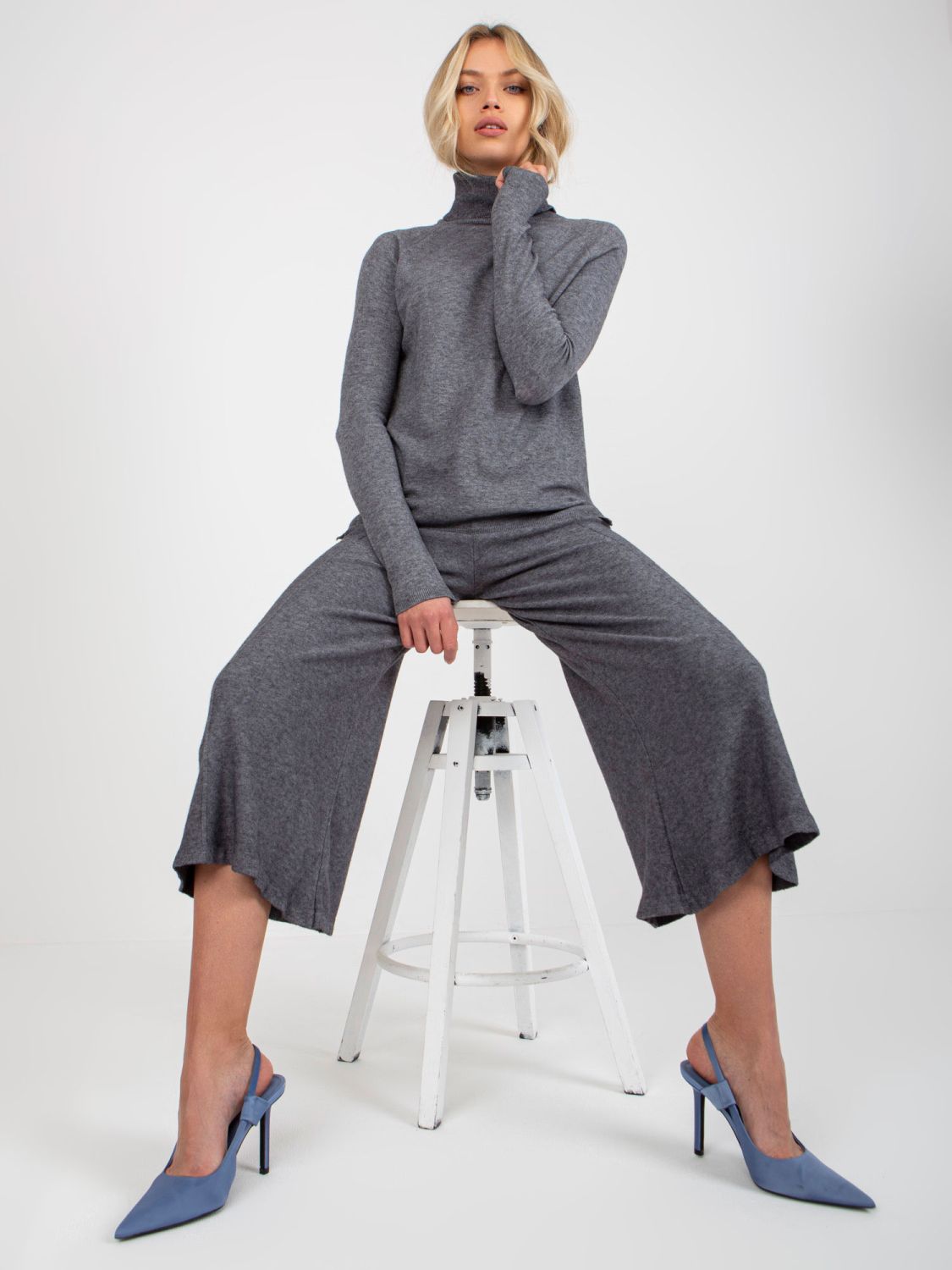 Dark Gray Wide Knit Pants with Elastic Waist