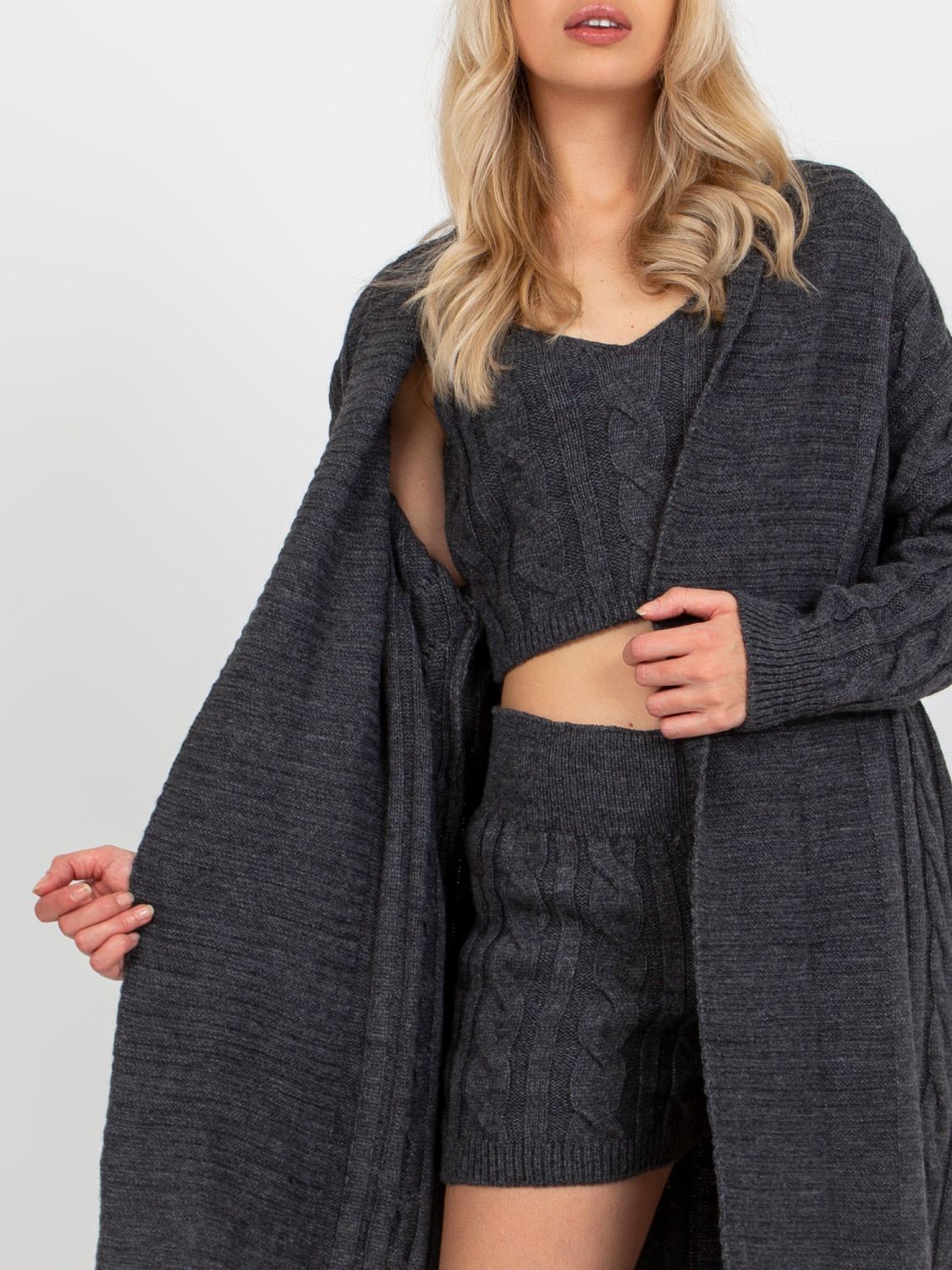 Dark Gray Three-Piece Knit Set with Cardigan