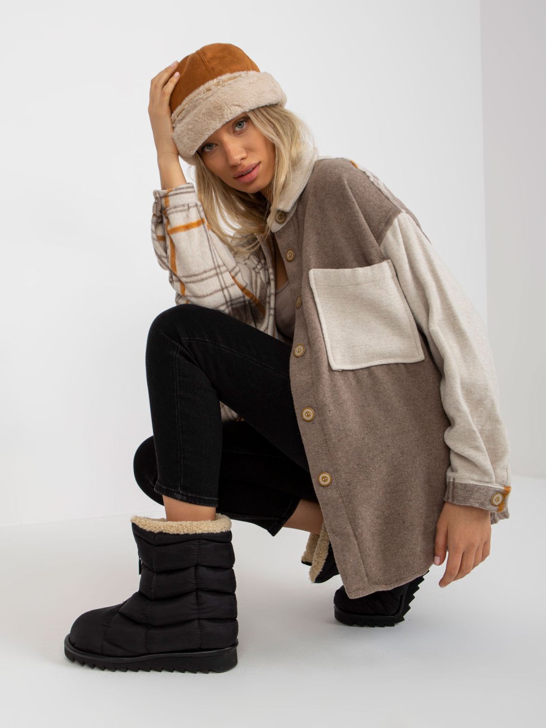 Beige Two-Tone Oversized Shirt with Check Pattern