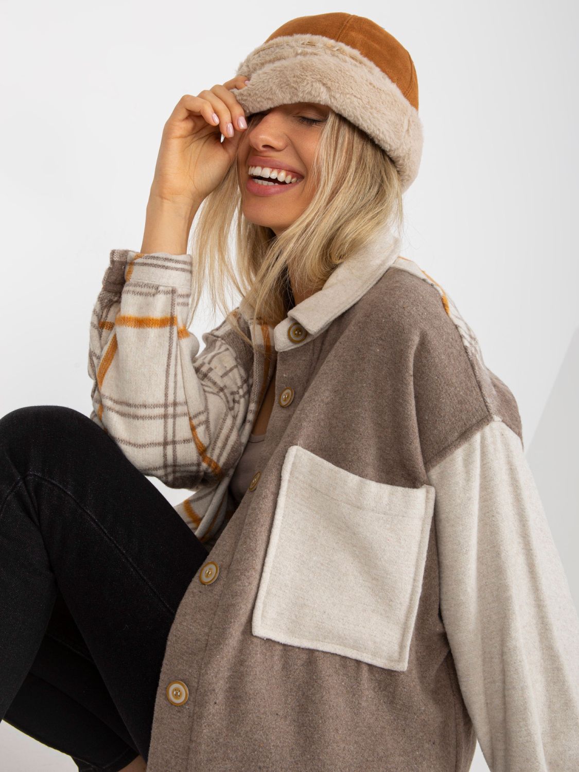 Beige Two-Tone Oversized Shirt with Check Pattern