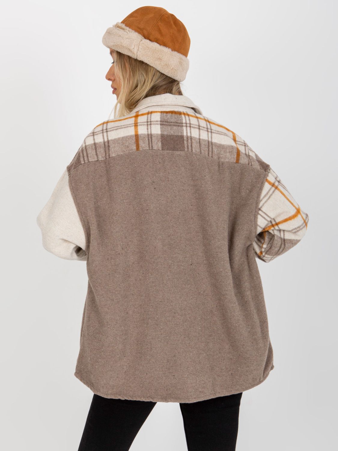 Beige Two-Tone Oversized Shirt with Check Pattern