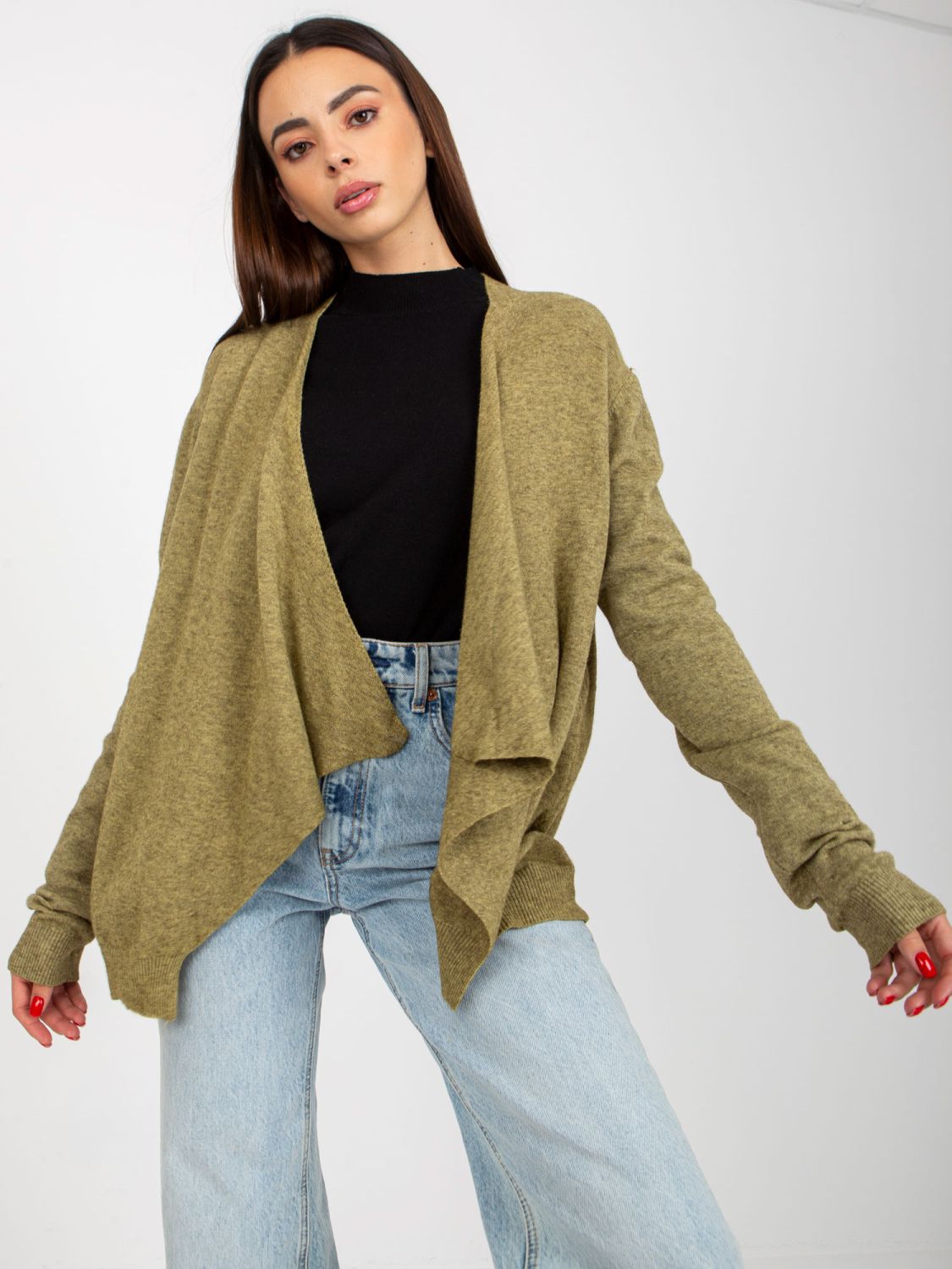 Khaki Short Asymmetrical Cardigan Without Closure