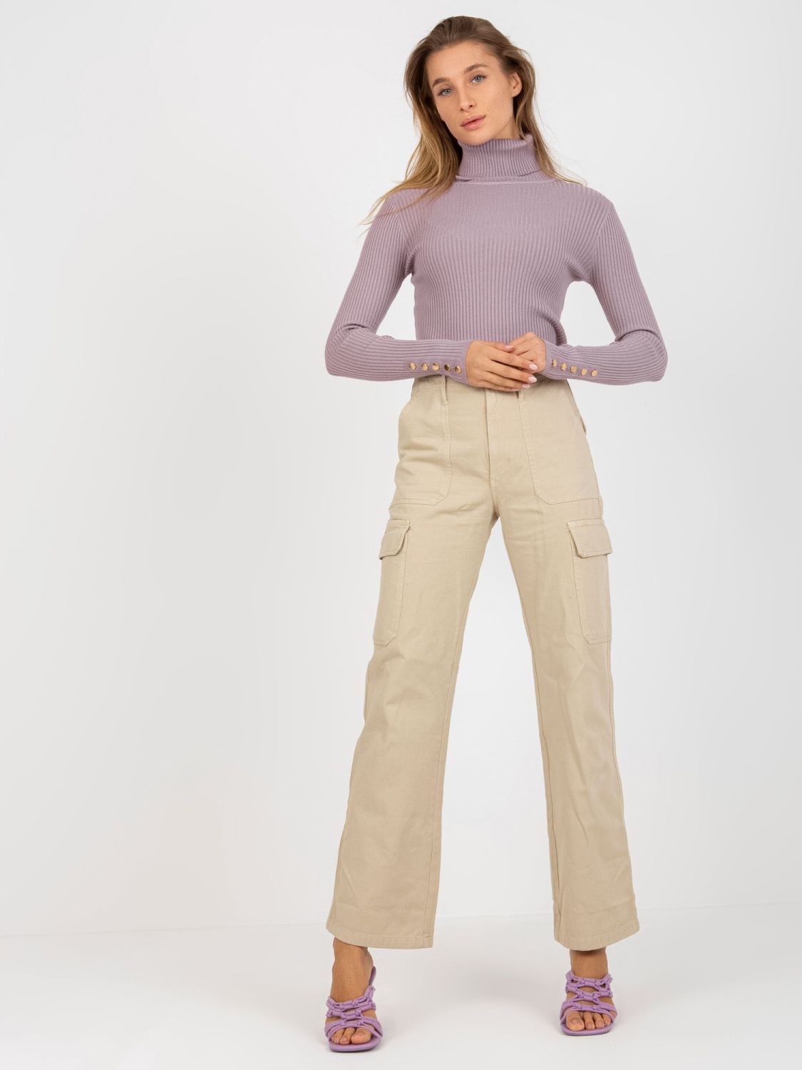 Light Purple Ribbed Sweater with Turtleneck and Buttons