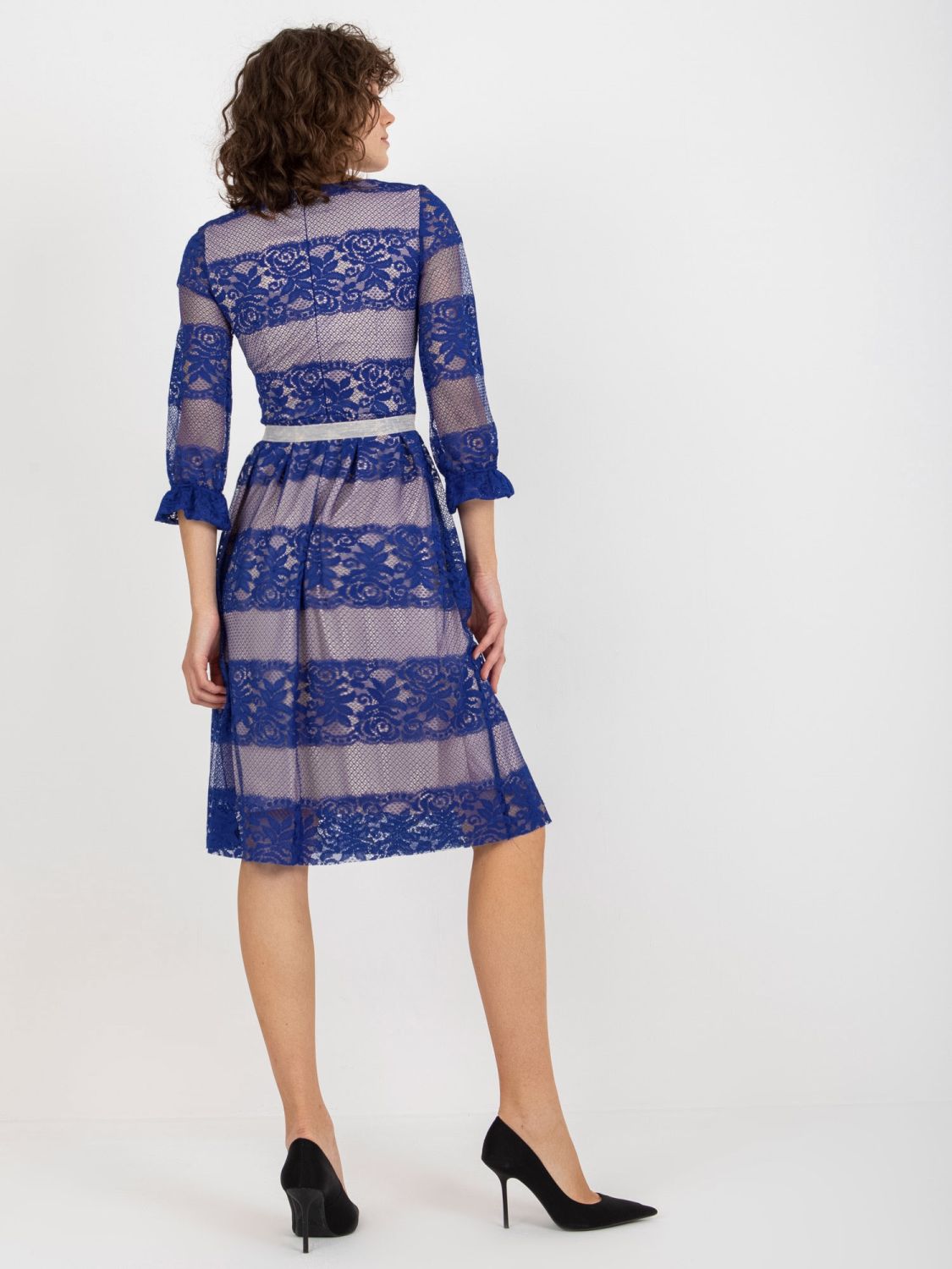 Cobalt Midi Cocktail Dress with Lace and Belt
