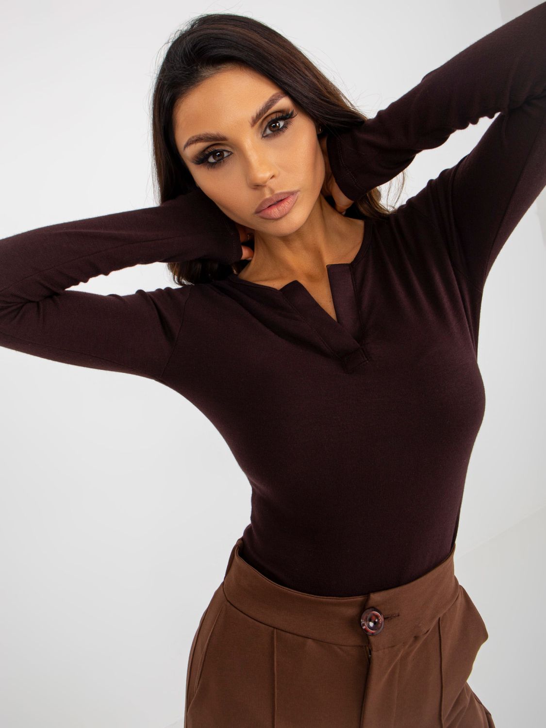 Brown V-Neck Viscose Blouse for Everyday Wear