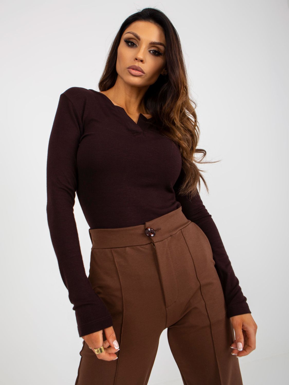 Brown V-Neck Viscose Blouse for Everyday Wear