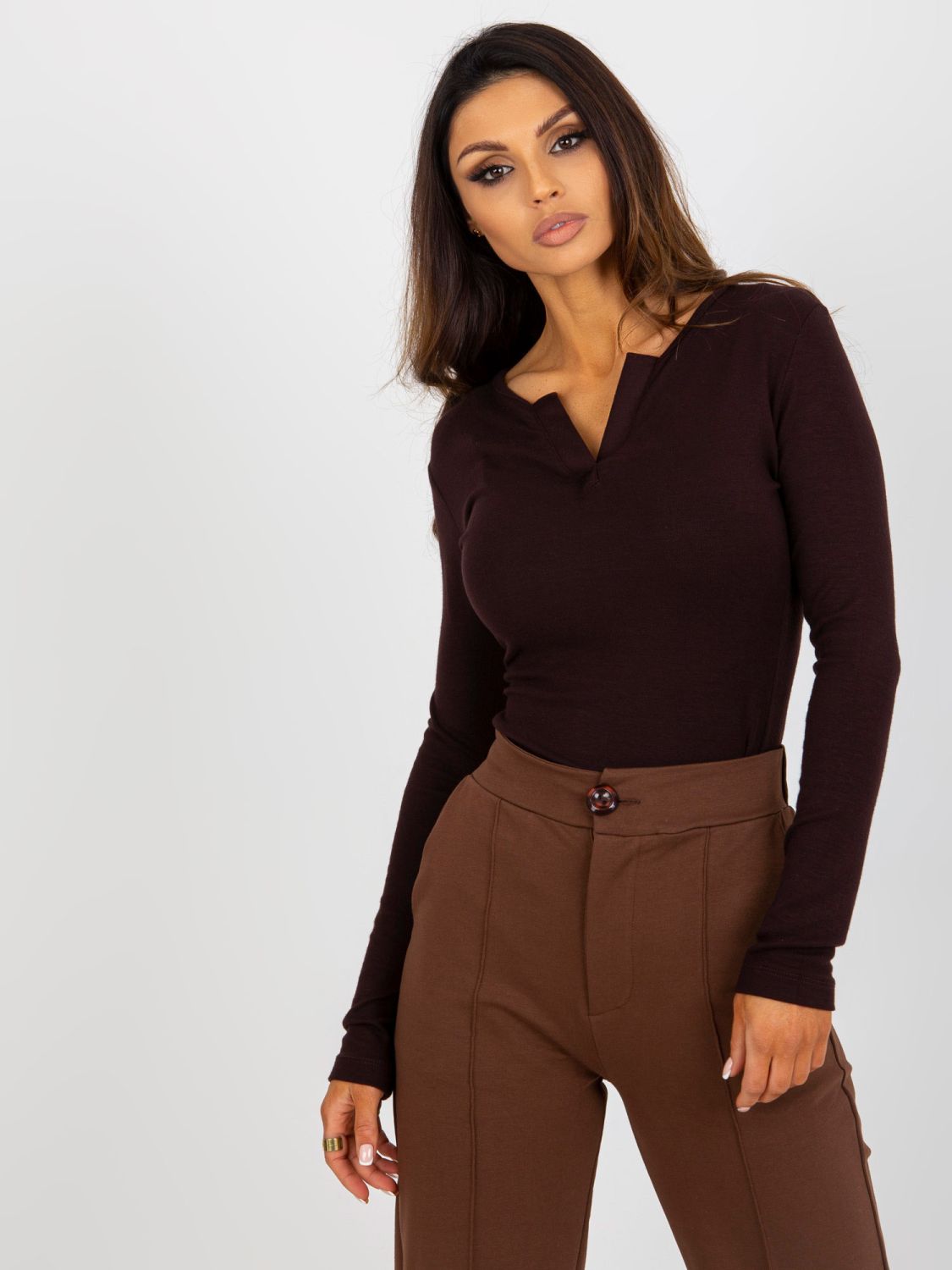 Brown V-Neck Viscose Blouse for Everyday Wear