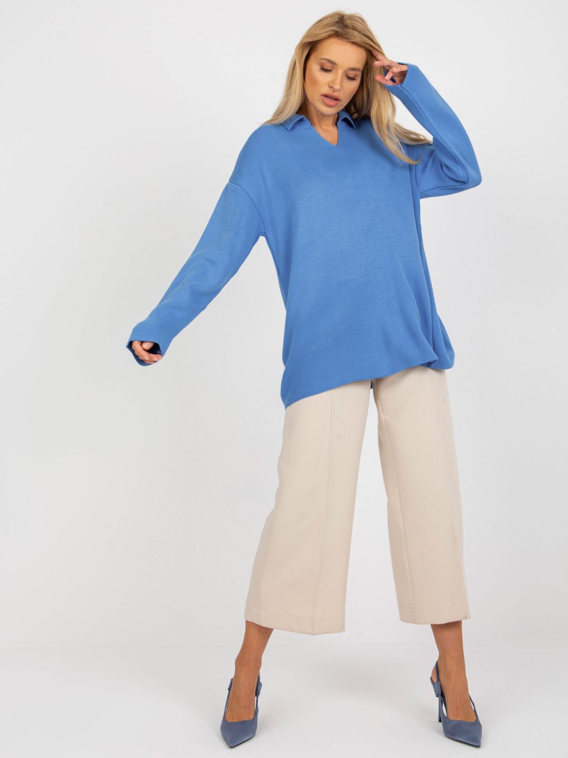 Blue Long Oversize Sweater with Collar RUE PARIS